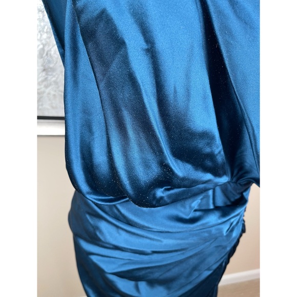 THE SEI Strapped Off Shoulder Silk Ruched Draped Asymmetric Blue Maxi Dress Sz 2 - Picture 6 of 9